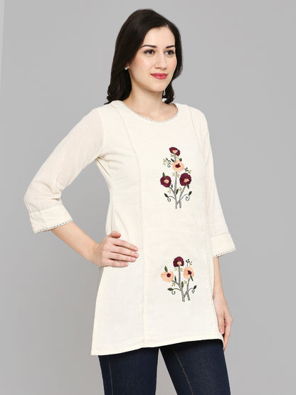 Women Embroidered White Khadi cotton Tunic Top