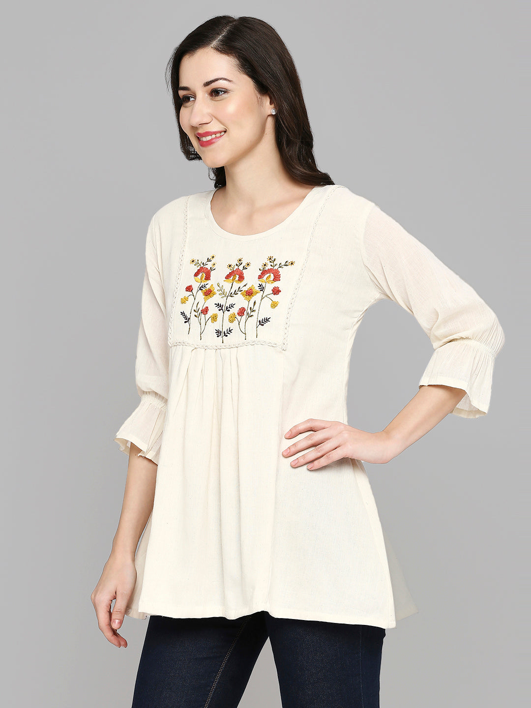 Women Embroidered White Khadi cotton Tunic Top