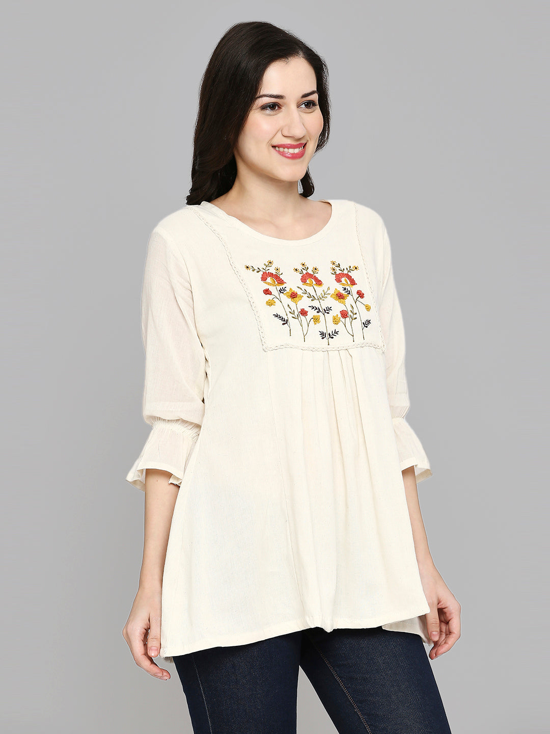 Women Embroidered White Khadi cotton Tunic Top