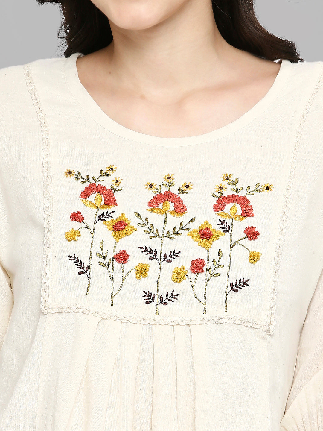 Women Embroidered White Khadi cotton Tunic Top