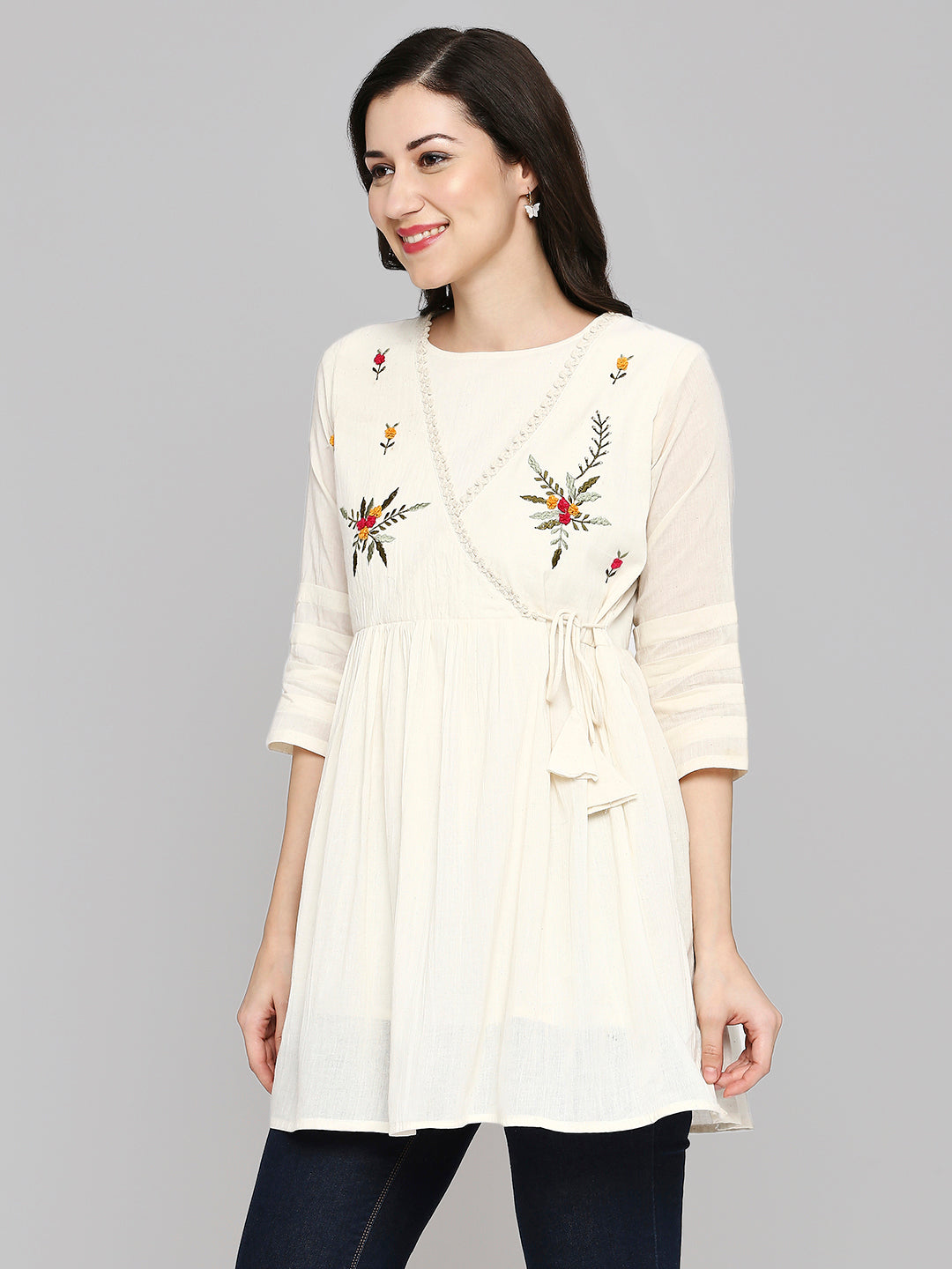 Women Embroidered White Khadi cotton Tunic Top