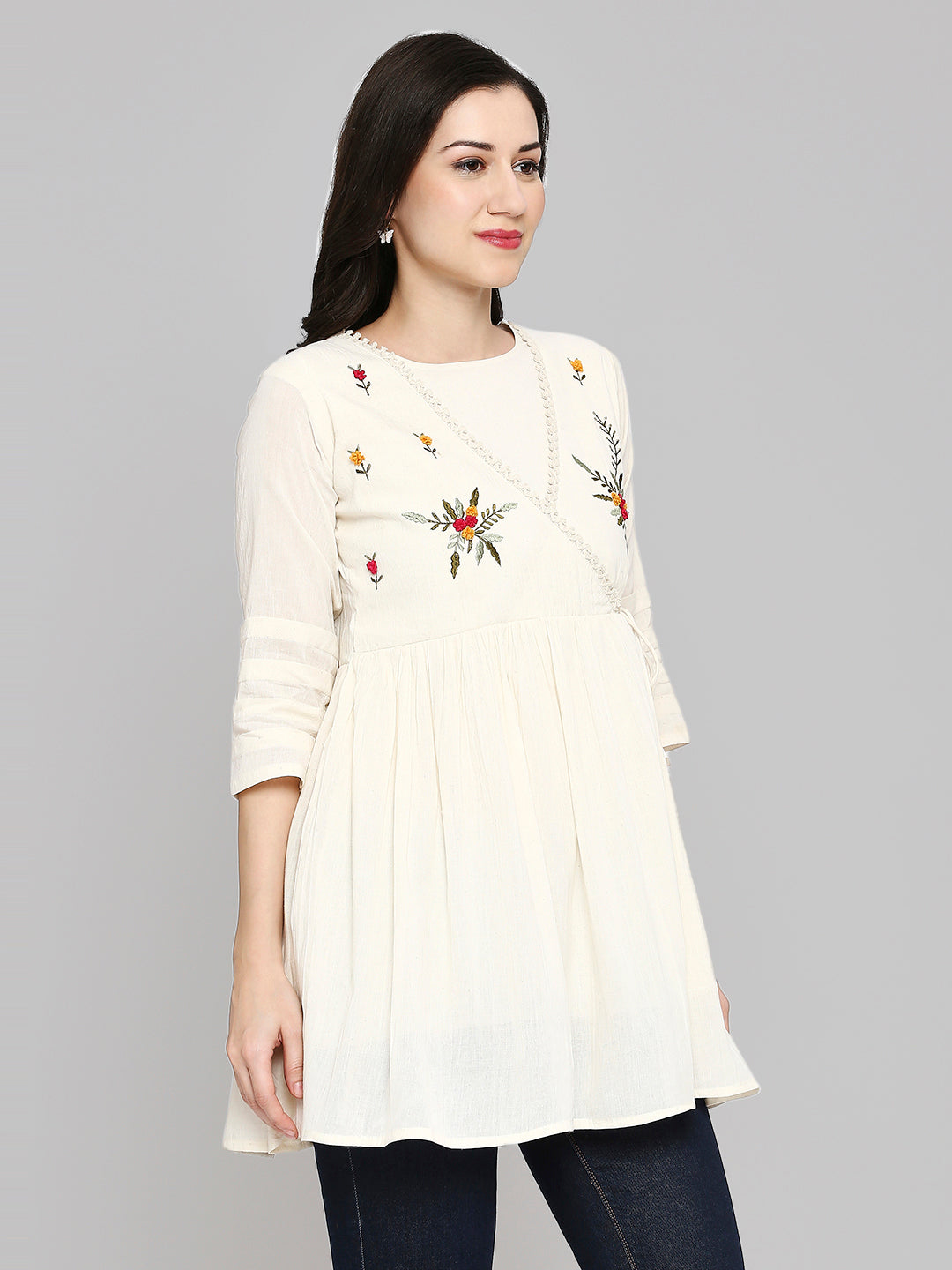 Women Embroidered White Khadi cotton Tunic Top