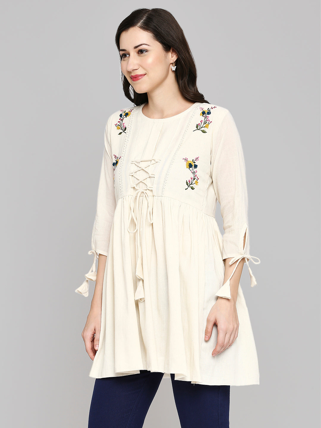 Women Embroidered White Khadi cotton Tunic Top