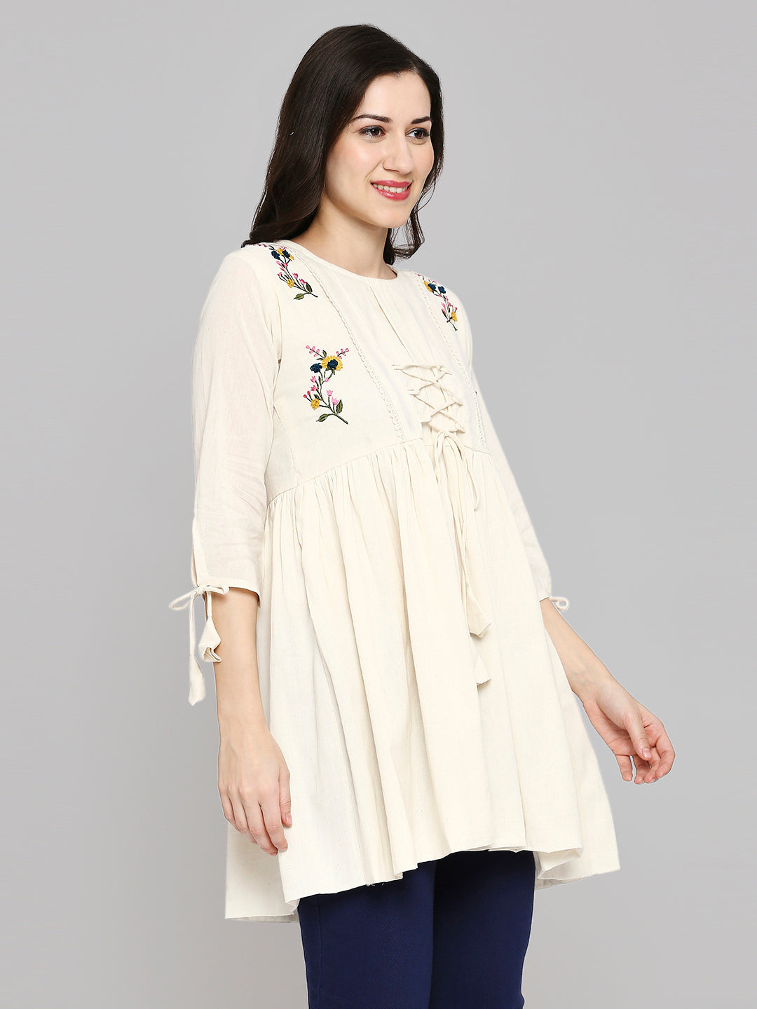 Women Embroidered White Khadi cotton Tunic Top
