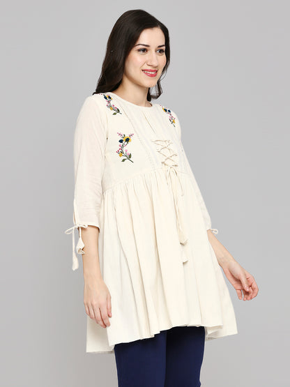 Women Embroidered White Khadi cotton Tunic Top