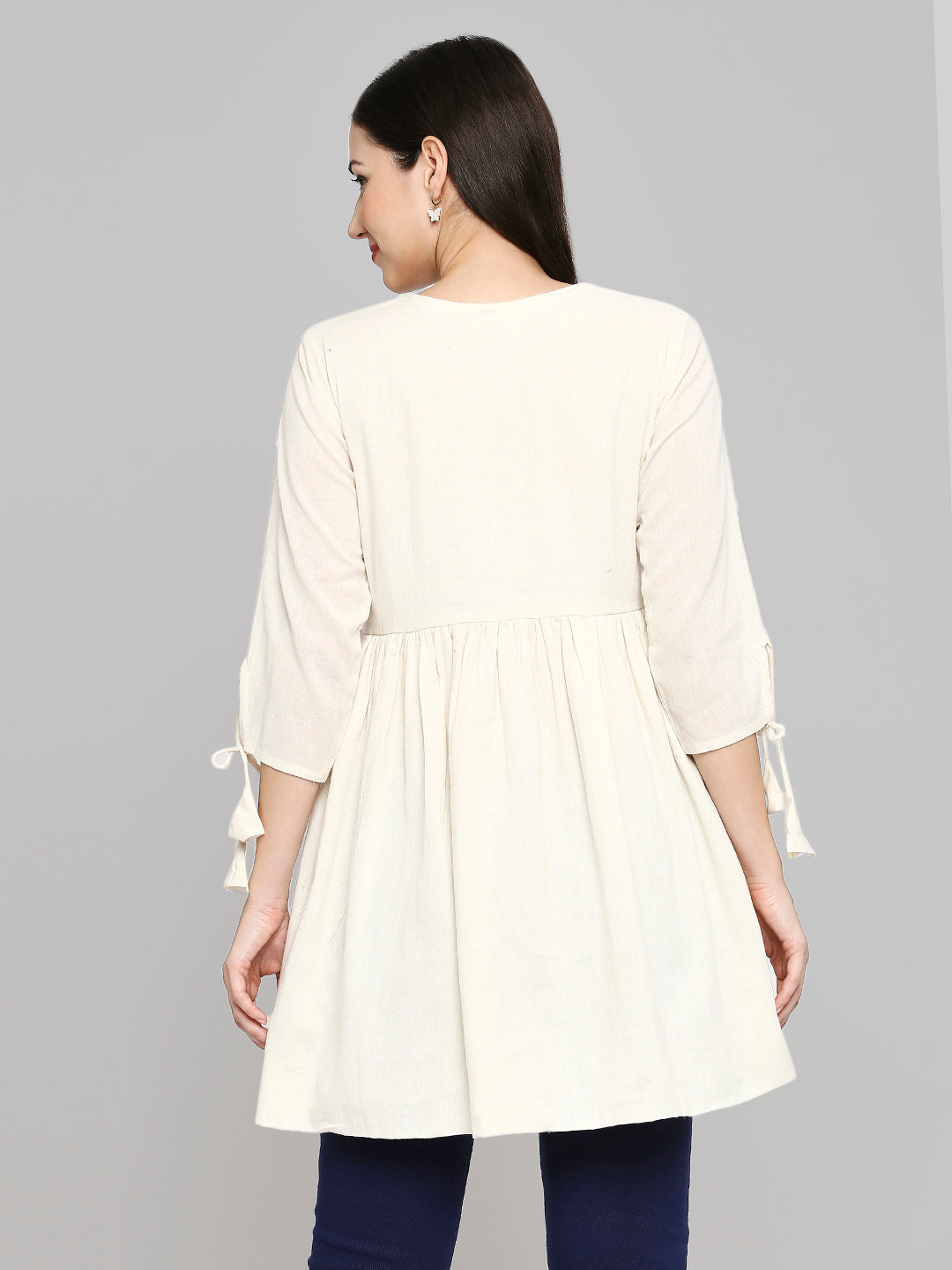 Women Embroidered White Khadi cotton Tunic Top