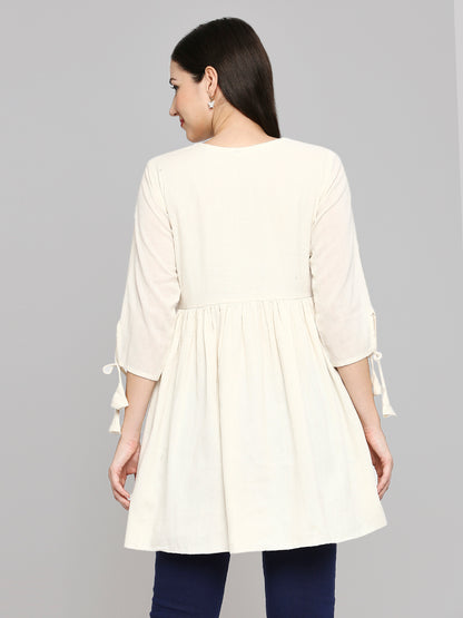 Women Embroidered White Khadi cotton Tunic Top