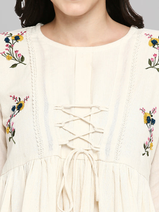 Women Embroidered White Khadi cotton Tunic Top