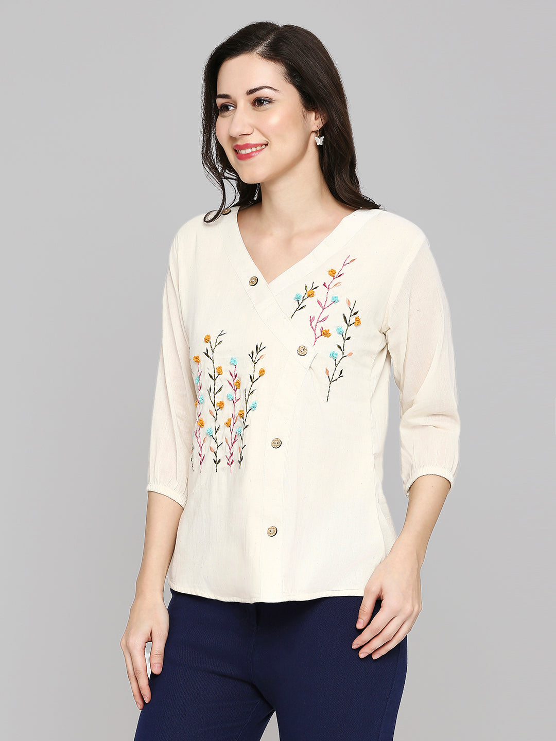 Women Embroidered White Khadi cotton Tunic Top