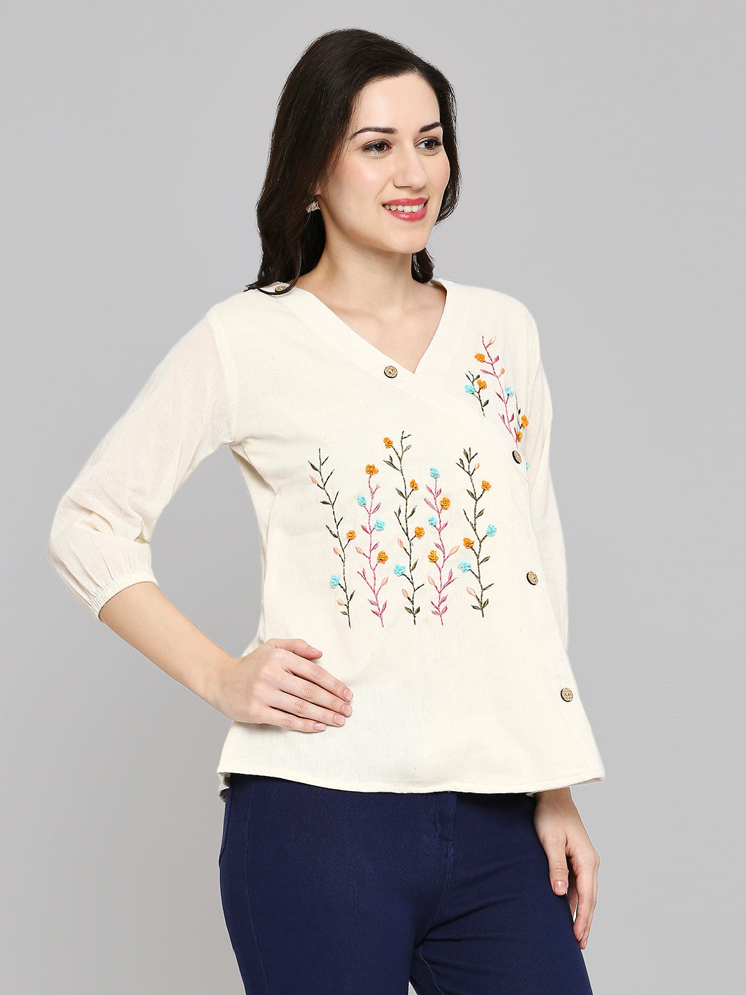 Women Embroidered White Khadi cotton Tunic Top