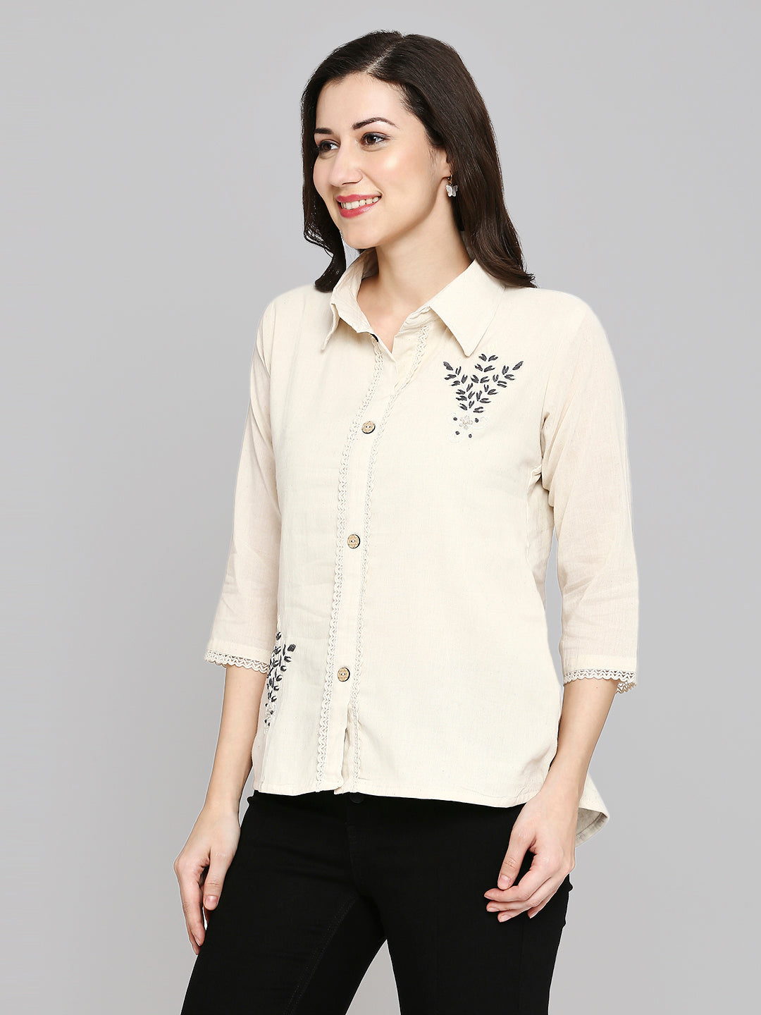 Shirt Type Women Embroidered White Khadi cotton Tunic Top