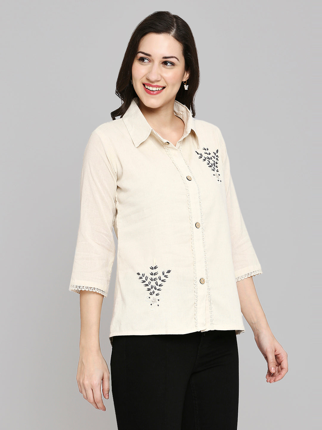 Shirt Type Women Embroidered White Khadi cotton Tunic Top