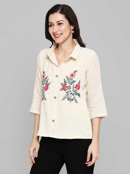 Shirt Type Women Embroidered White Khadi cotton Tunic Top