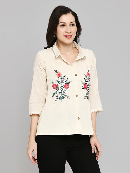 Shirt Type Women Embroidered White Khadi cotton Tunic Top