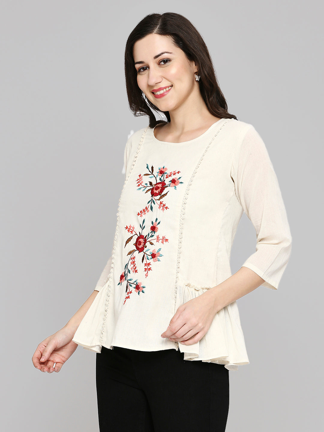 Women Embroidered White Khadi cotton Tunic Top