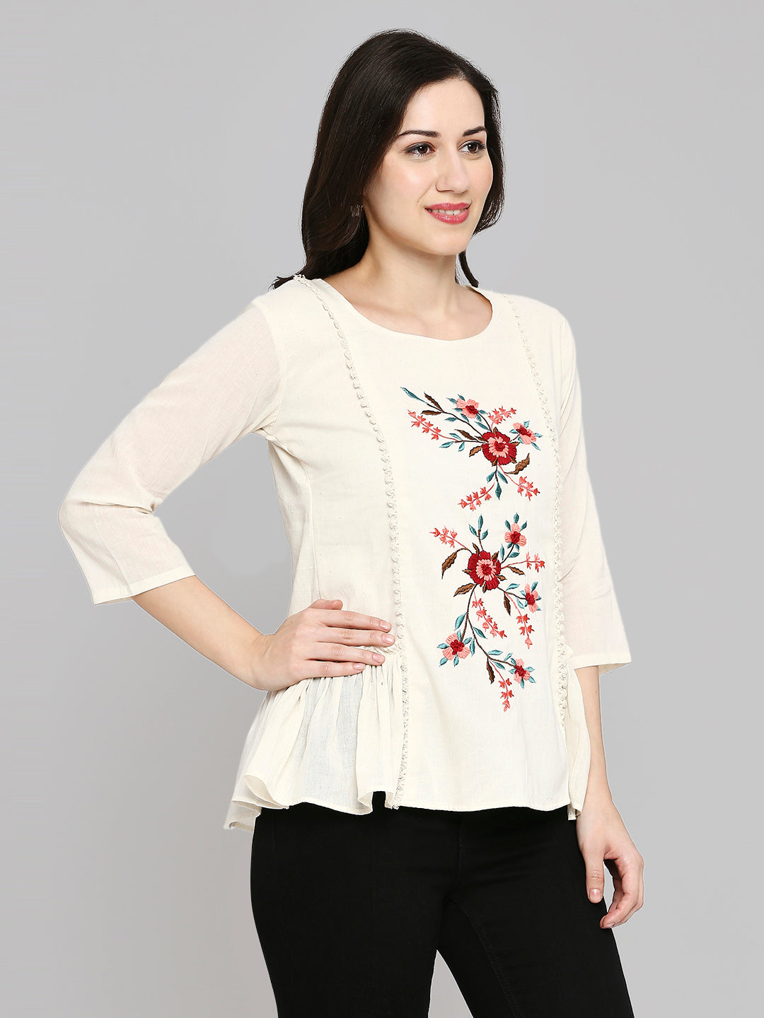 Women Embroidered White Khadi cotton Tunic Top