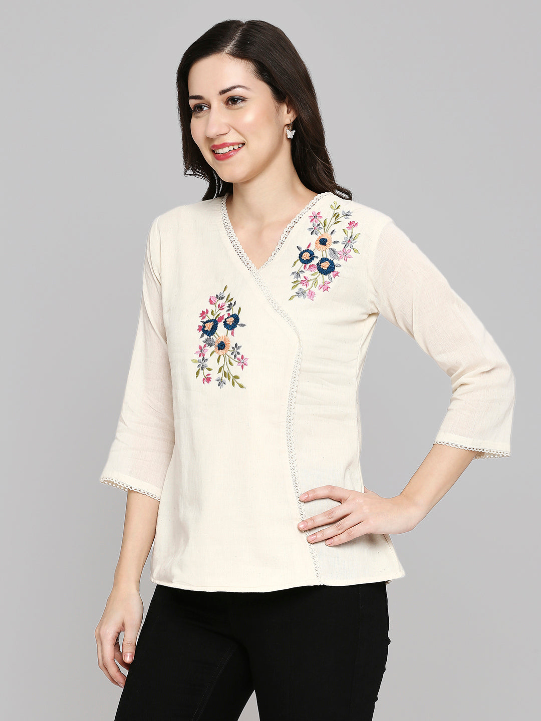 Women Embroidered White Khadi cotton Tunic Top