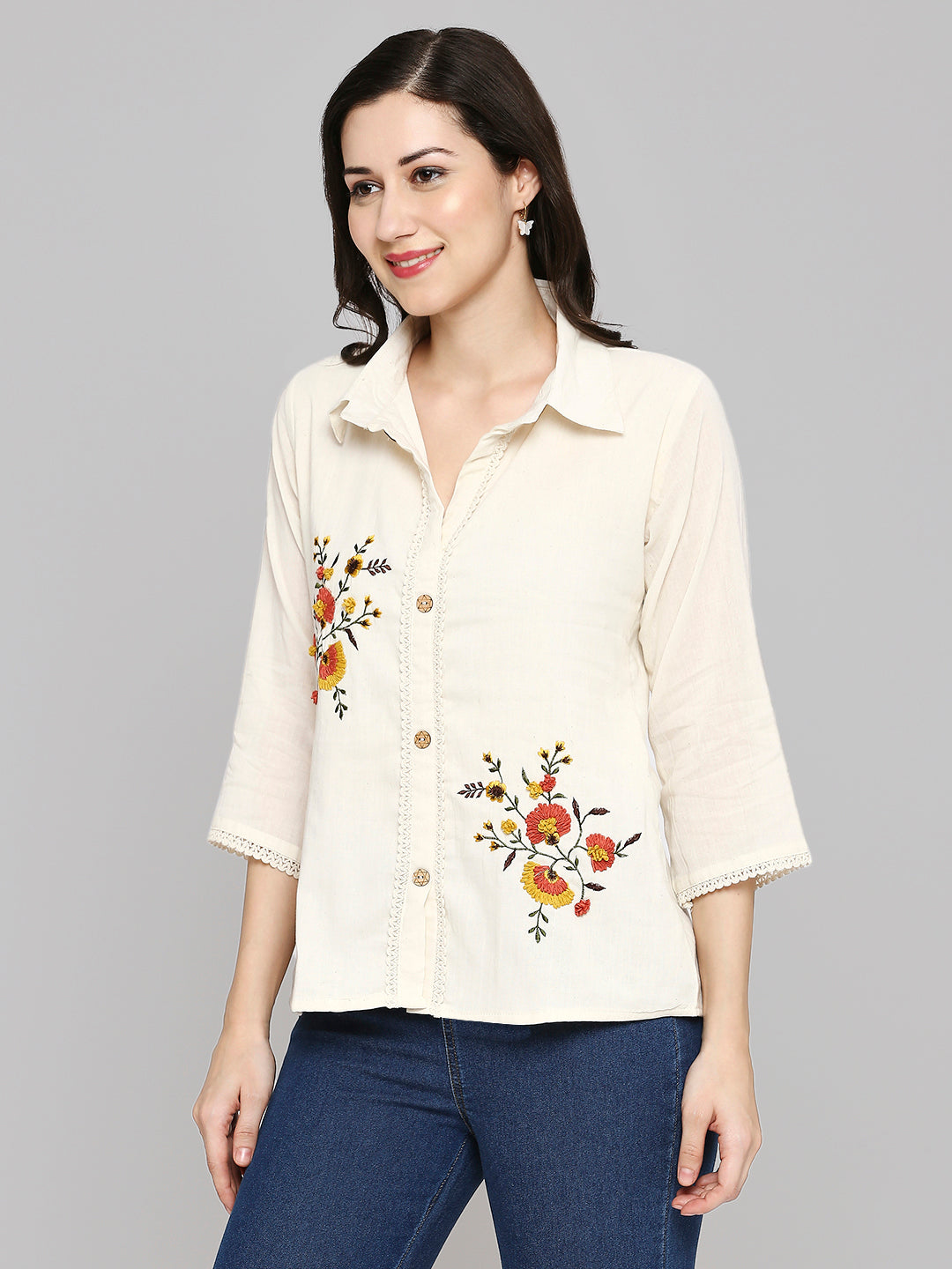 Shirt Type Women Embroidered White Khadi cotton Tunic Top