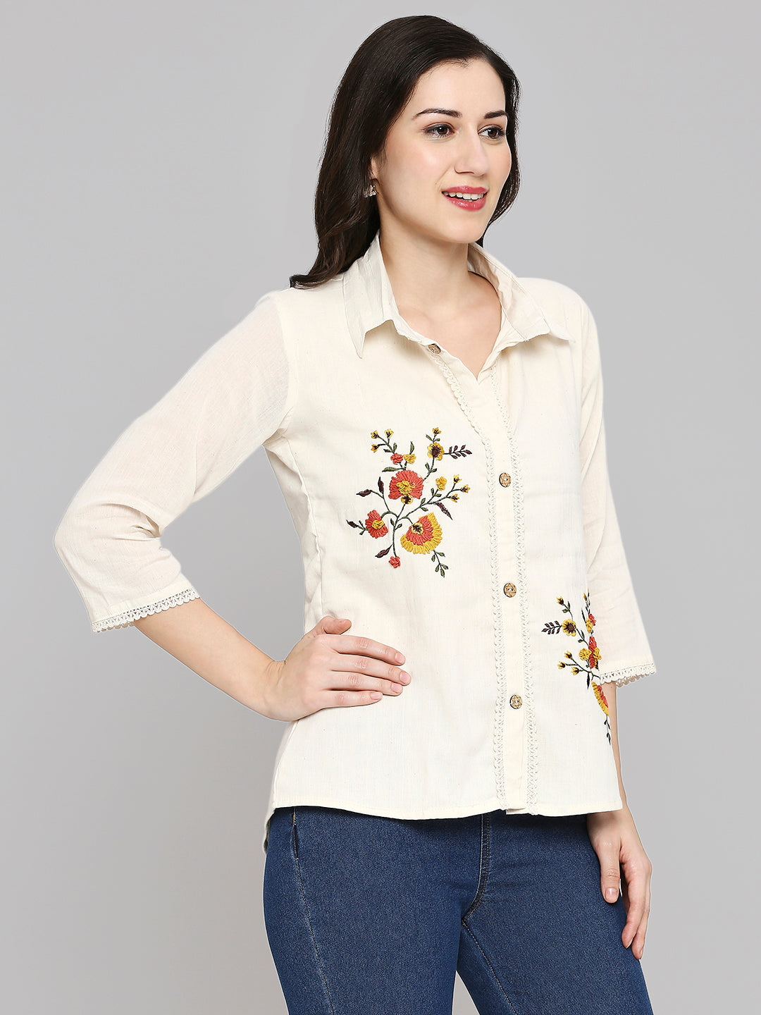 Shirt Type Women Embroidered White Khadi cotton Tunic Top