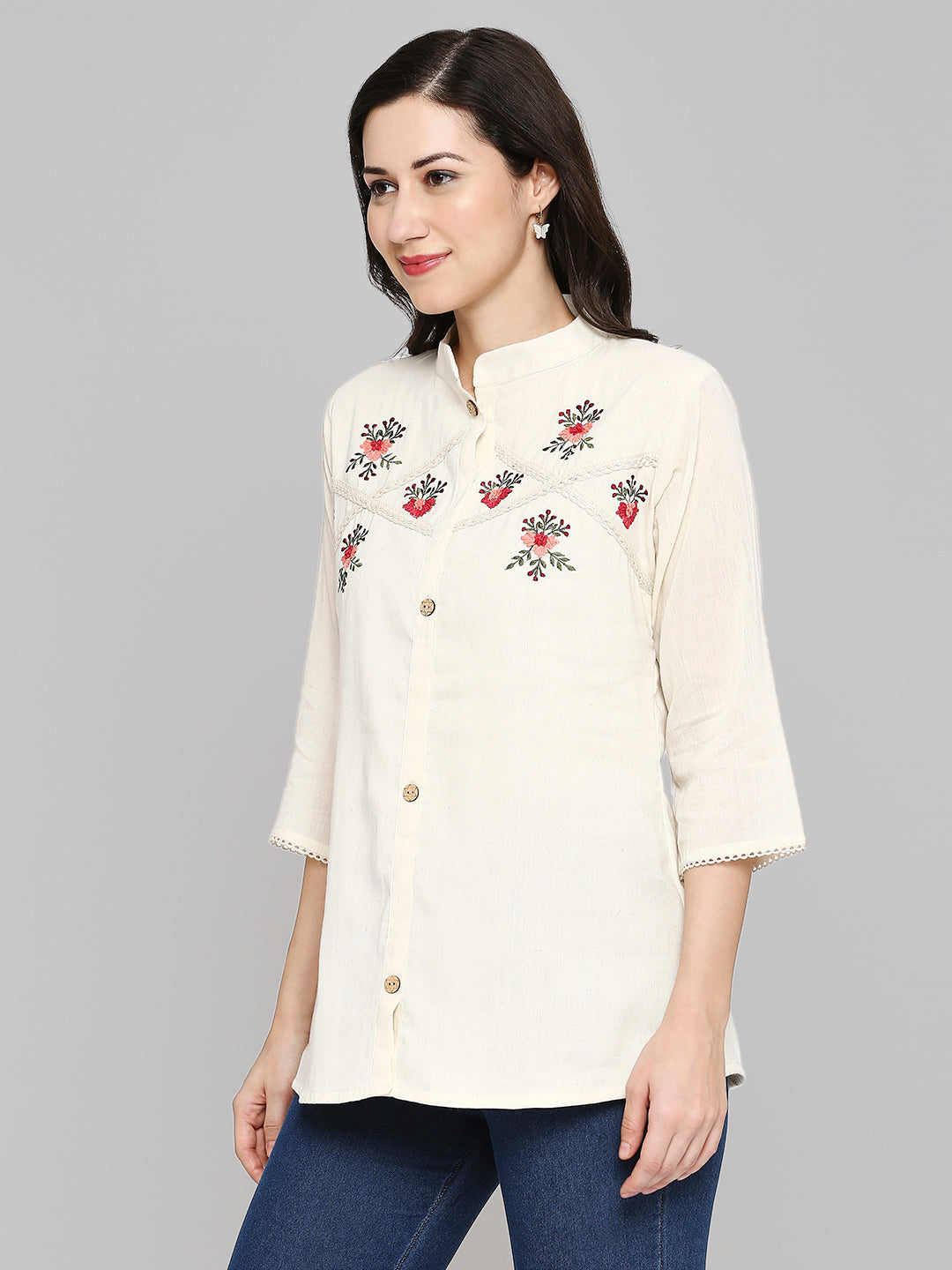 Shirt Type Women Embroidered White Khadi cotton Tunic Top