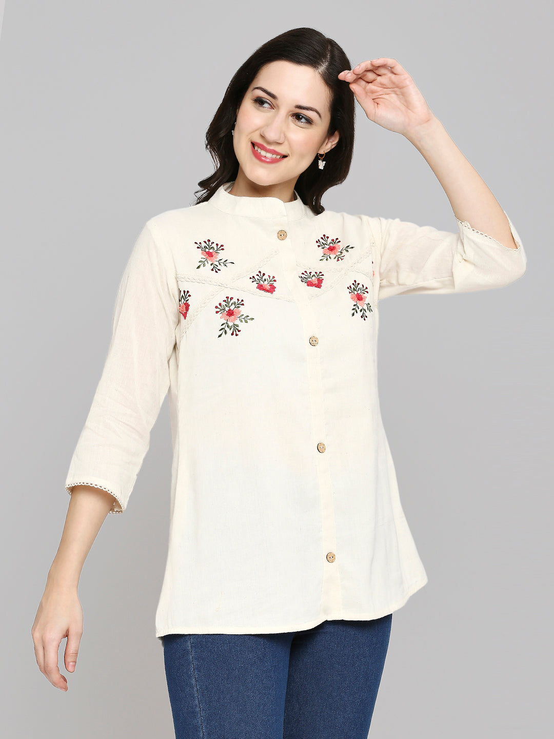 Shirt Type Women Embroidered White Khadi cotton Tunic Top