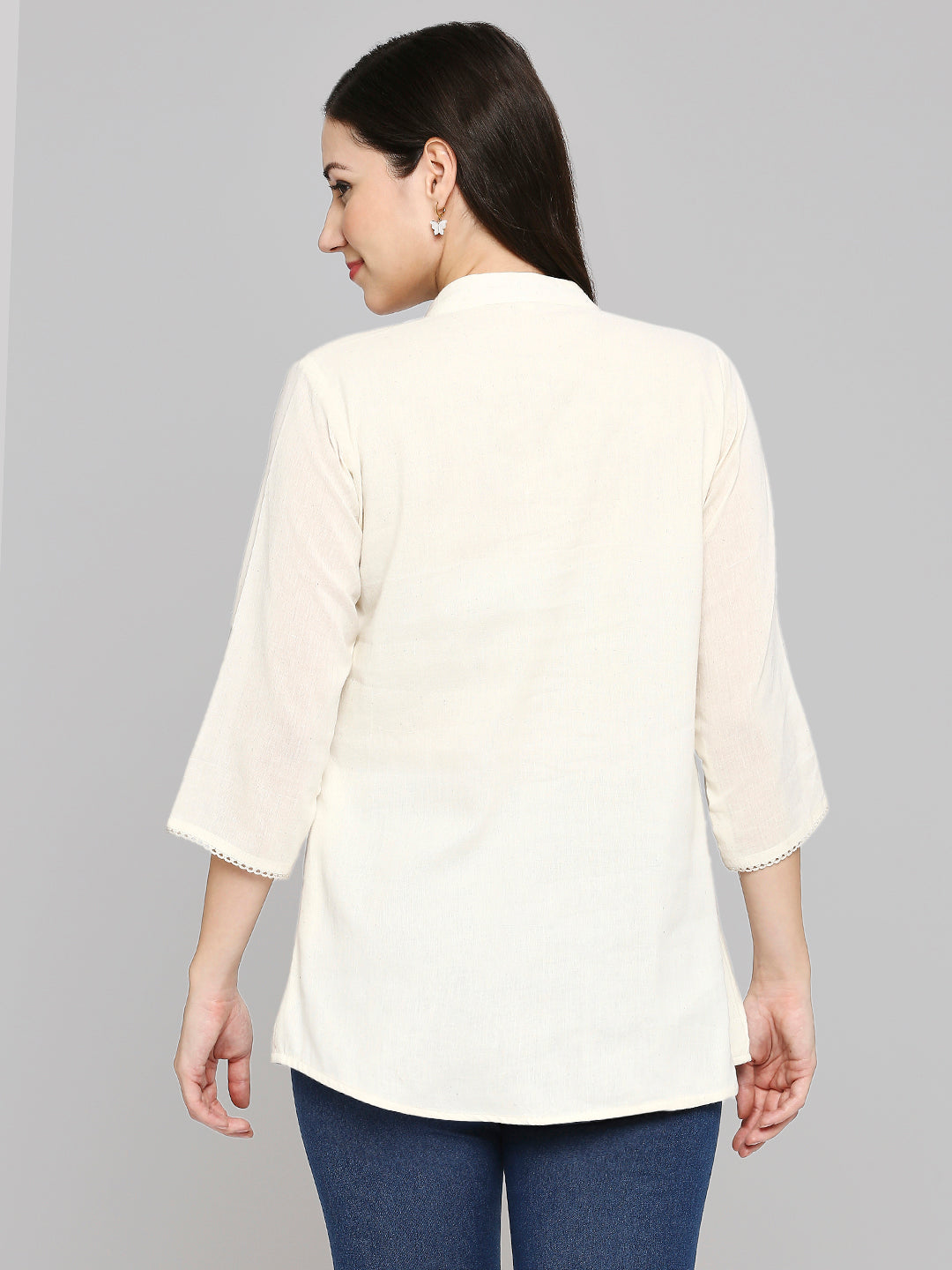 Shirt Type Women Embroidered White Khadi cotton Tunic Top