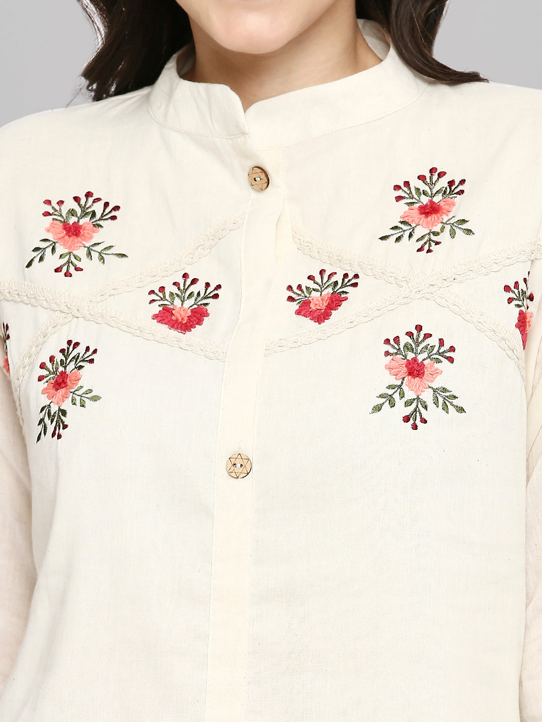 Shirt Type Women Embroidered White Khadi cotton Tunic Top