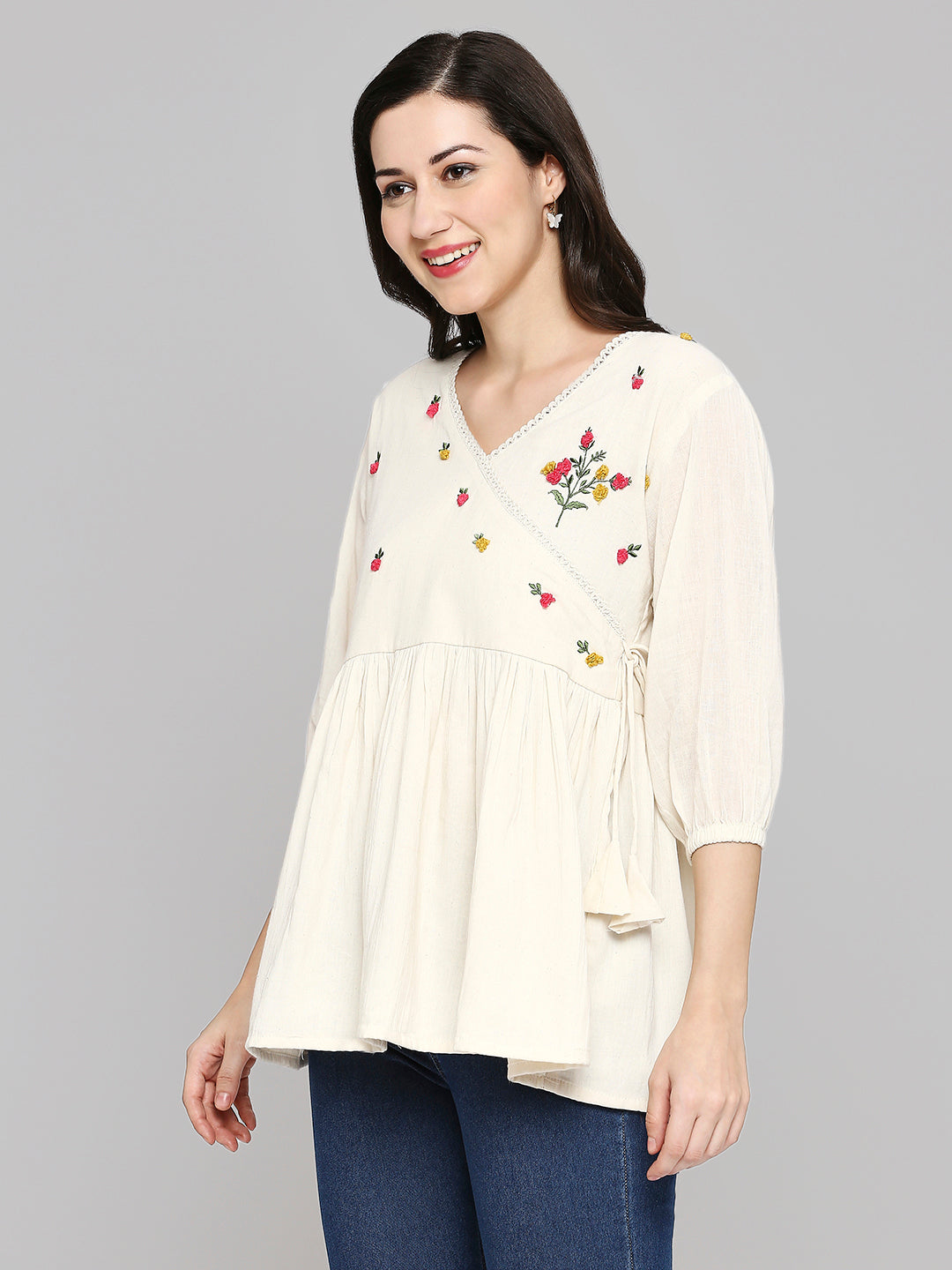 Women Embroidered White Khadi cotton Tunic Top