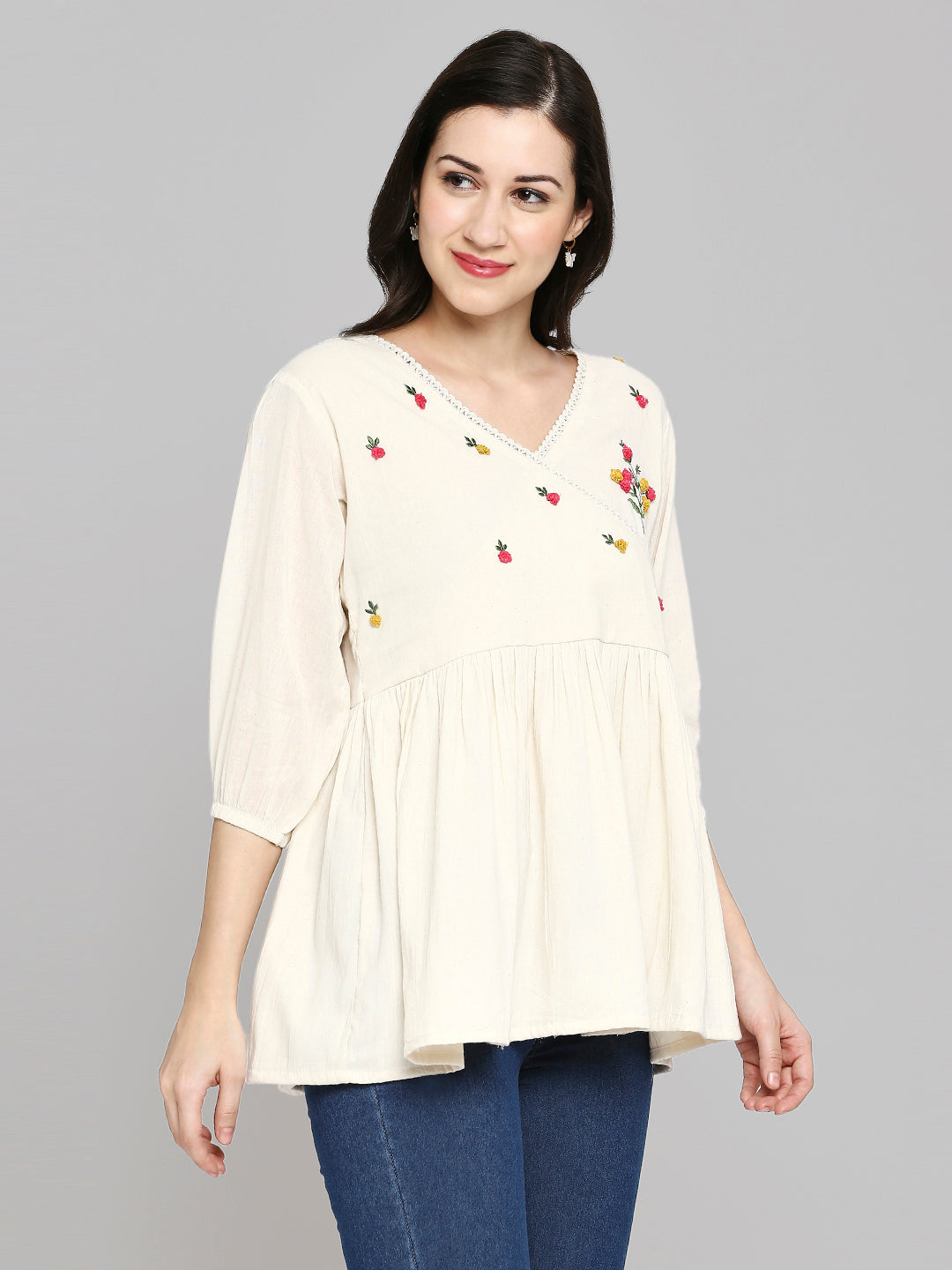 Women Embroidered White Khadi cotton Tunic Top