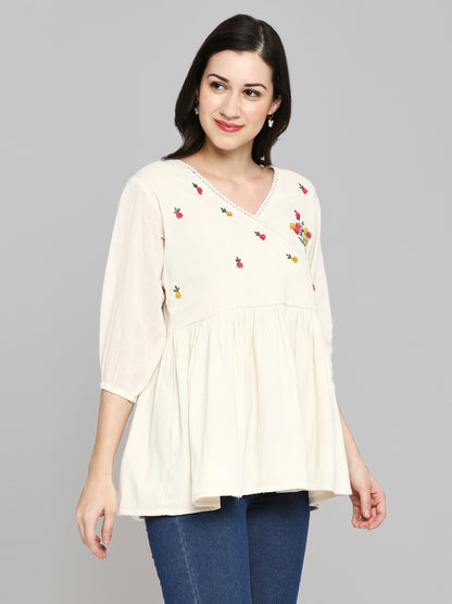 Women Embroidered White Khadi cotton Tunic Top