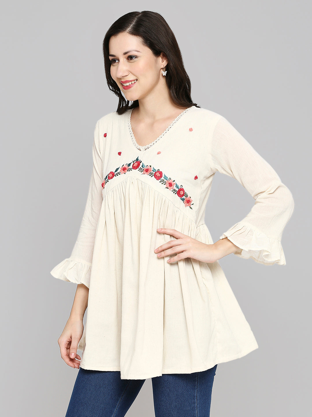 Women Embroidered White Khadi cotton Tunic Top