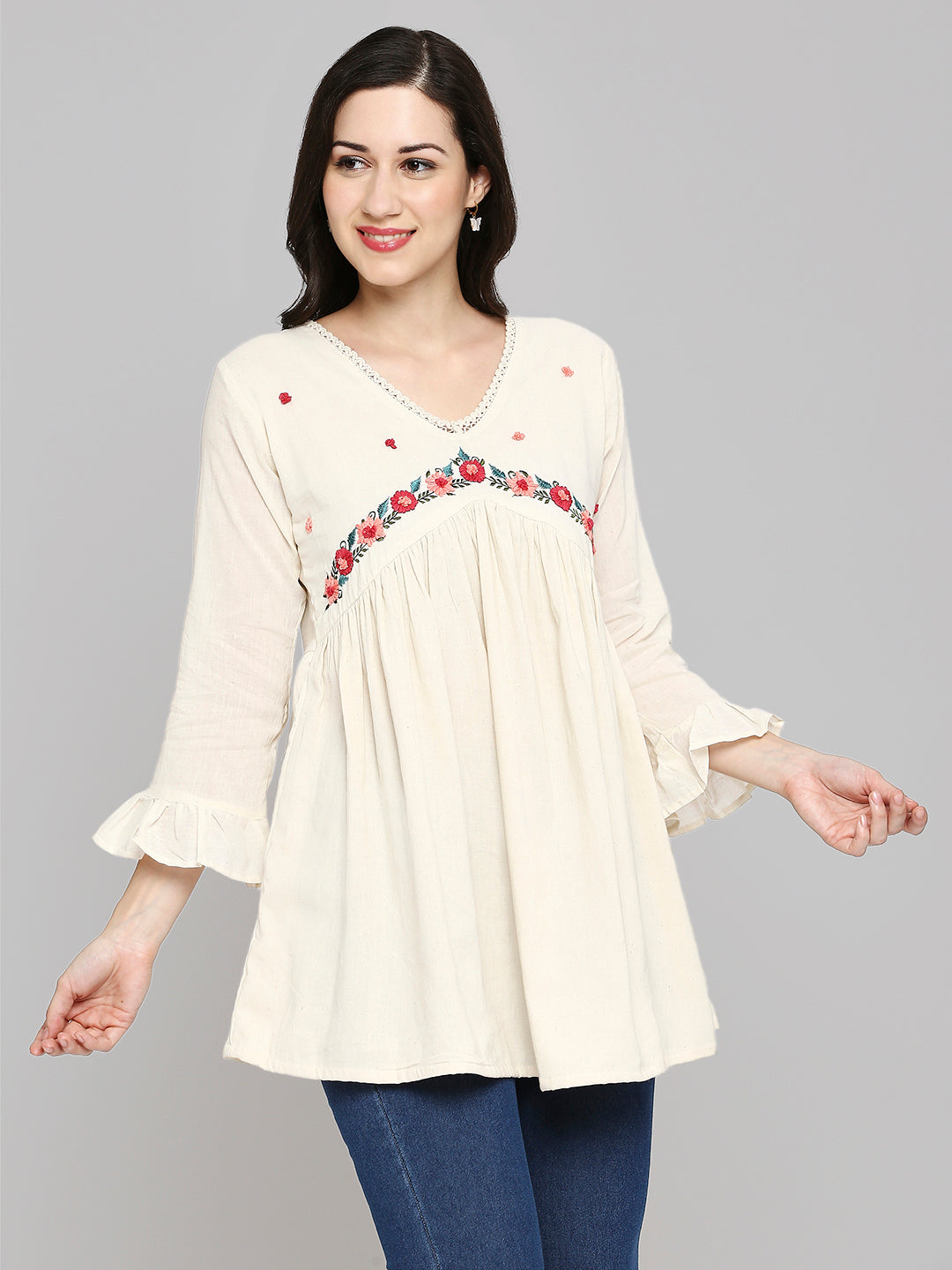 Women Embroidered White Khadi cotton Tunic Top