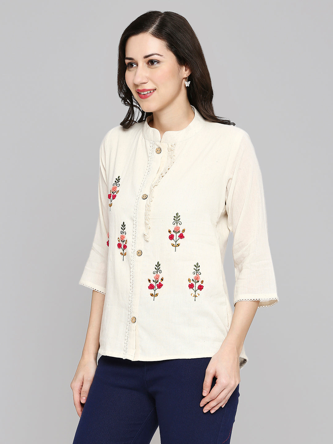 Shirt Type Women Embroidered White Khadi cotton Tunic Top