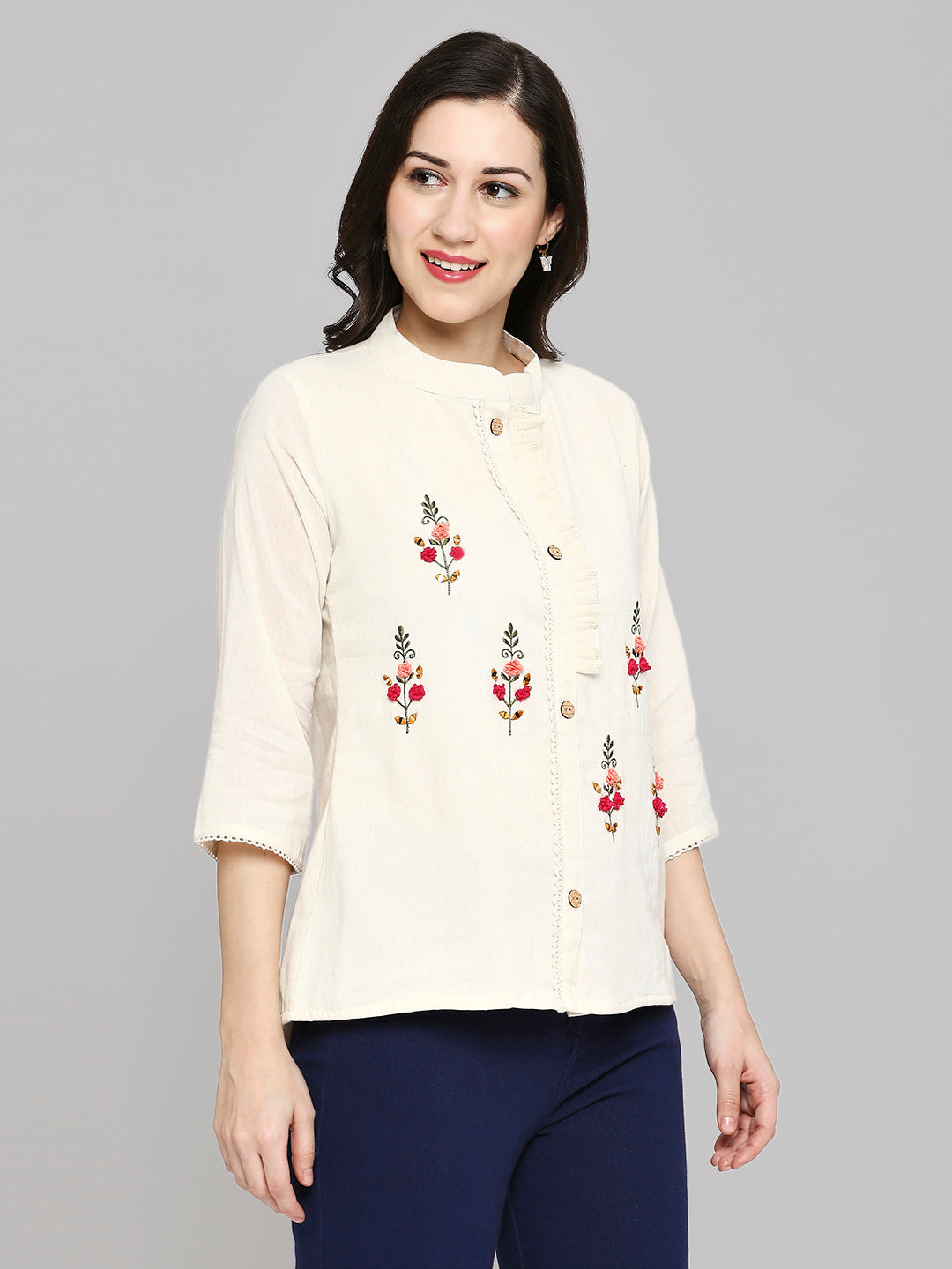 Shirt Type Women Embroidered White Khadi cotton Tunic Top