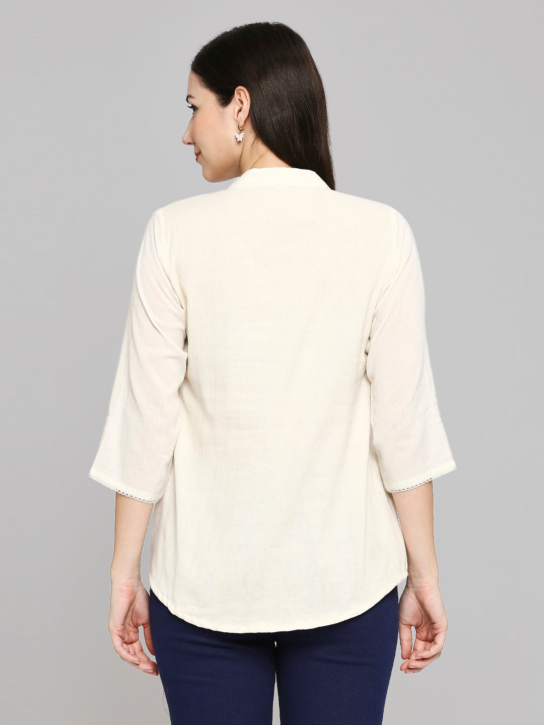 Shirt Type Women Embroidered White Khadi cotton Tunic Top