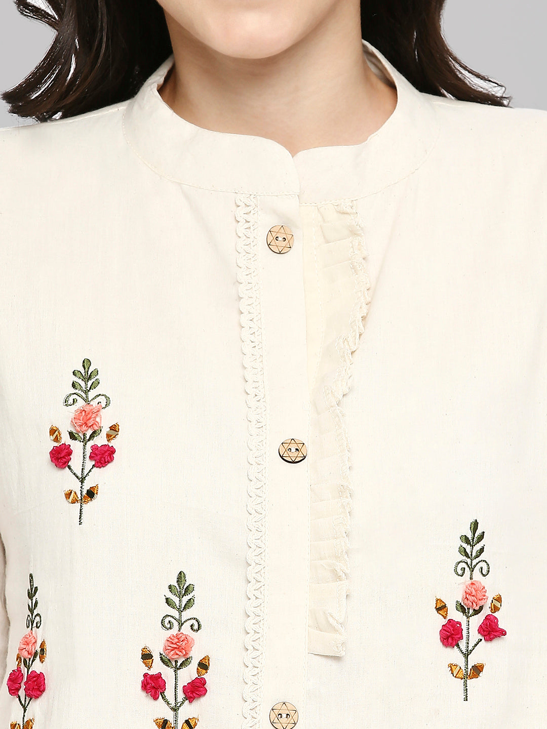 Shirt Type Women Embroidered White Khadi cotton Tunic Top