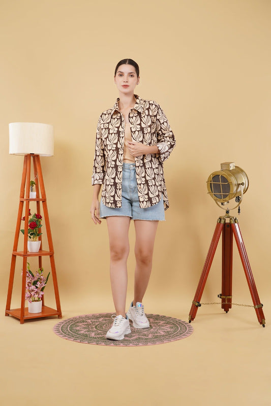 Women's Brown Hand-Block Printed Oversized Shirt – Stylish Boho Shirt Jacket