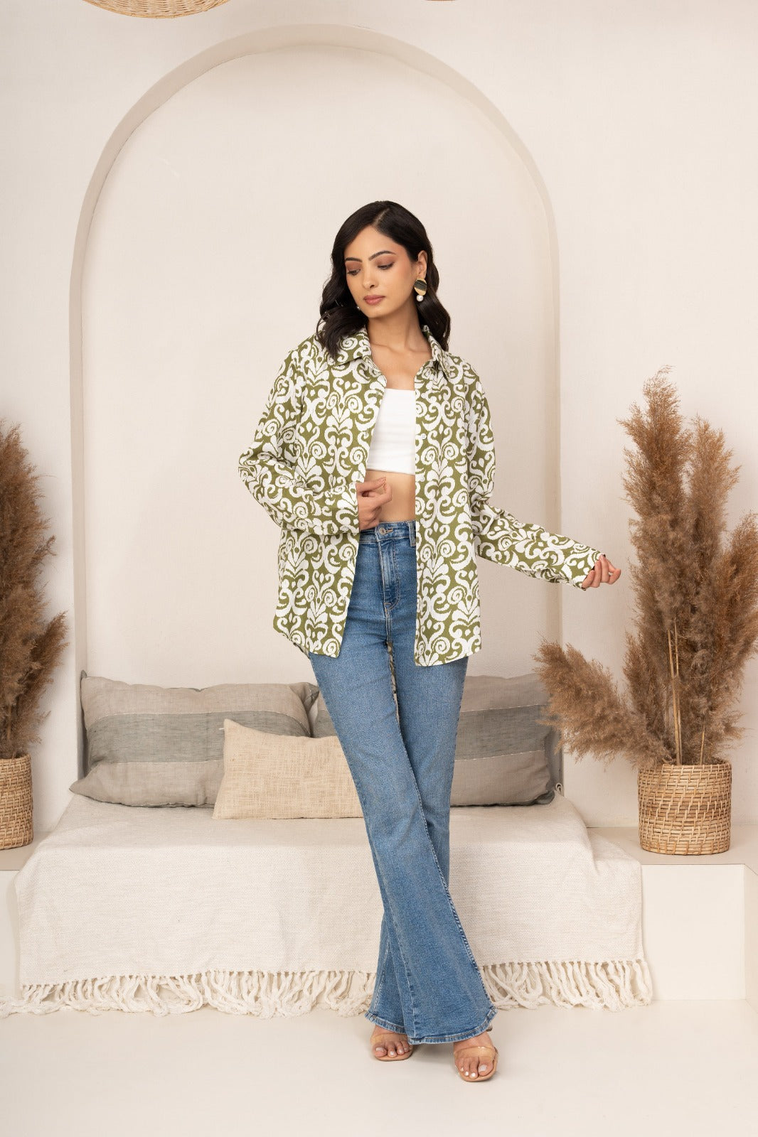 Women's Green & White Baroque Print Shirt – Trendy Oversized Casual Shirt