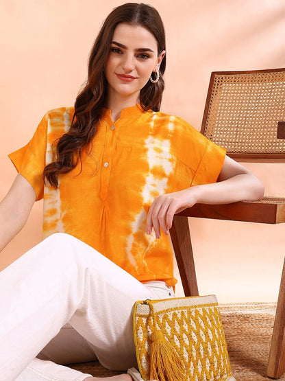 Women's Bright Orange Tie-Dye Short Sleeve Tunic – Breezy Cotton Casual Tunic Top